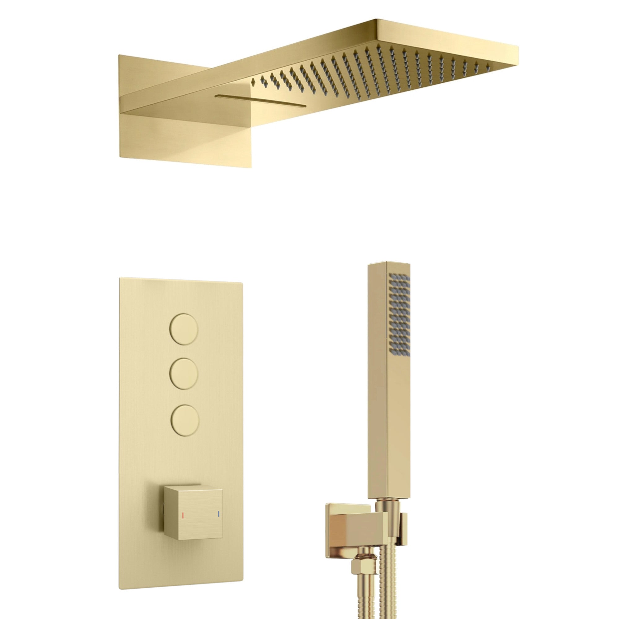 Spello Square Thermostatic Concealed Shower Set with Dual Overhead Shower, Handset Kit - Brushed Brass